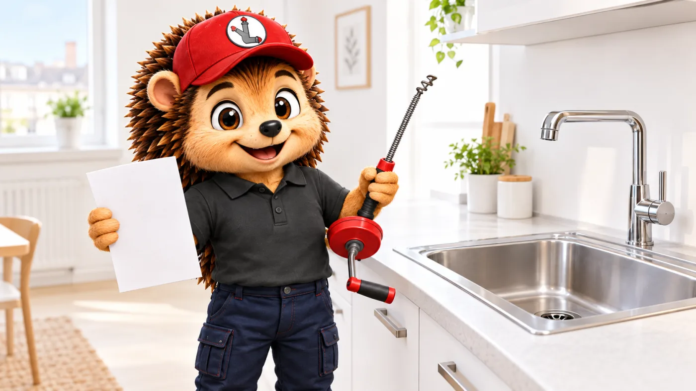 Le hérisson mascotte en tenue de travail, casquette rouge et polo noir, tenant une facture et un furet manuel devant un évier de cuisine claire et lumineuse dans un appartement en location, expression pédagogique, style 3D cartoon premium, palette anthracite et rouge