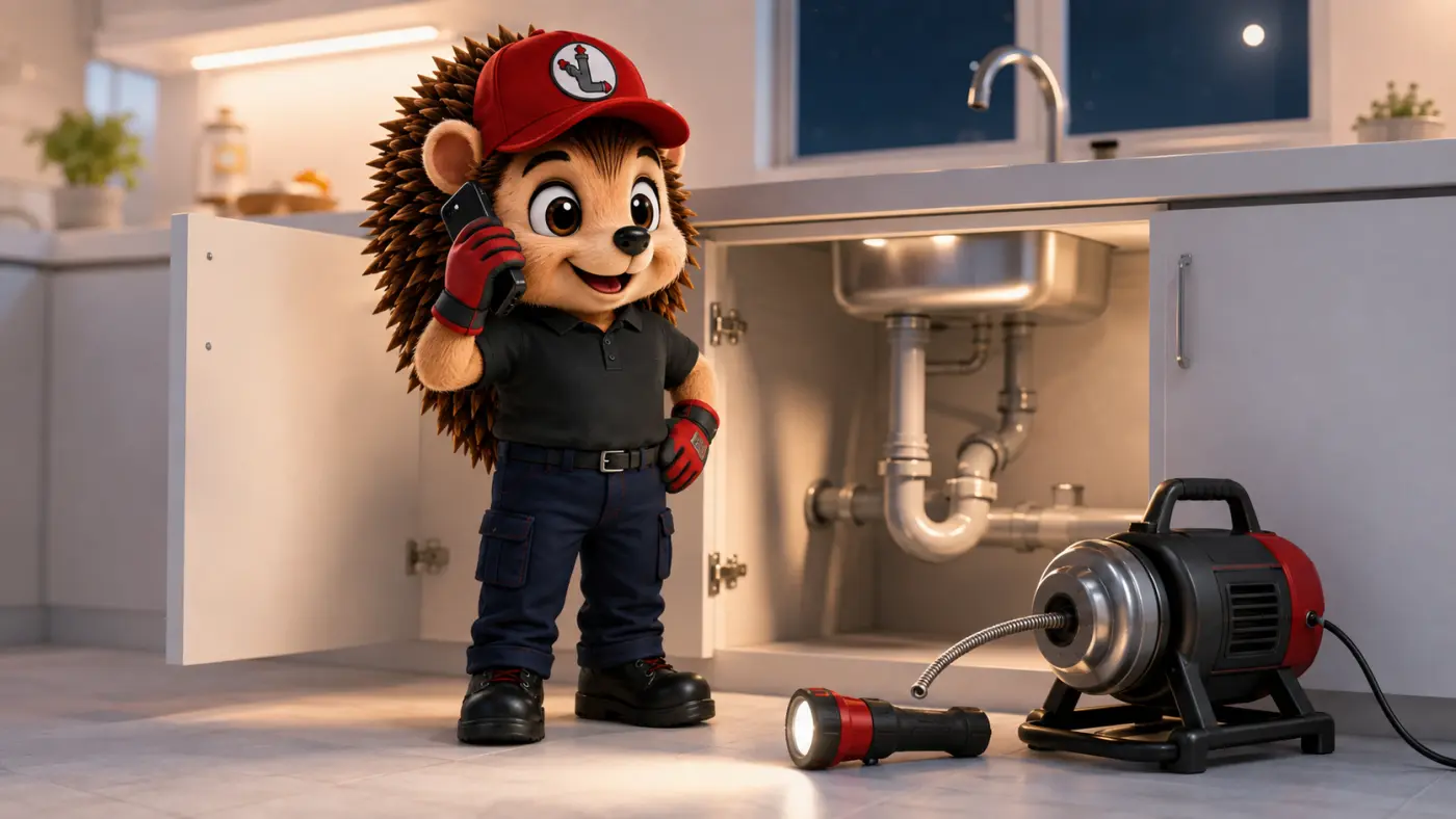 Le hérisson mascotte en tenue de travail, casquette rouge et polo noir, téléphone à l'oreille dans une cuisine claire la nuit, lampe de poche et furet motorisé posés près de lui, expression attentive et rassurante
