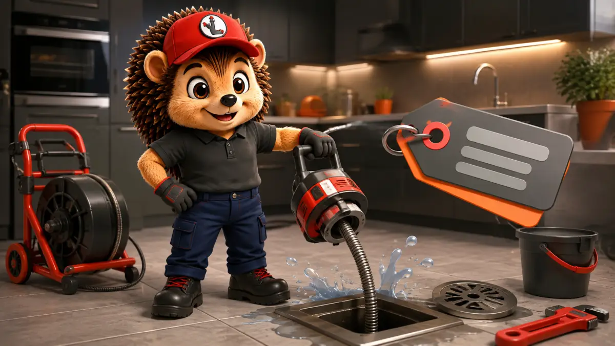 Le hérisson mascotte en tenue de travail, souriant, devant une canalisation ouverte avec un furet motorisé et une étiquette de prix stylisée