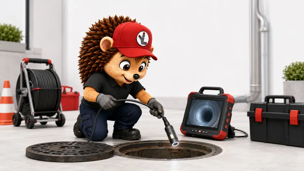 Le hérisson mascotte en tenue de travail, casquette rouge et polo noir, tenant une caméra d'inspection professionnelle au bout d'un câble devant une canalisation ouverte, écran de contrôle sur le côté, chantier clair et lumineux