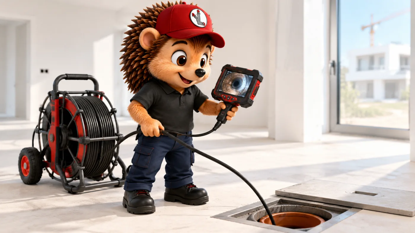 Le hérisson mascotte en tenue de travail, casquette rouge et polo noir, avec sa caméra d'inspection au bout d'un câble, filmant une canalisation ouverte dans une pièce neuve claire et lumineuse de fin de chantier, tuyaux et regards propres autour de lui, style 3D cartoon premium, palette anthracite, rouge et orange