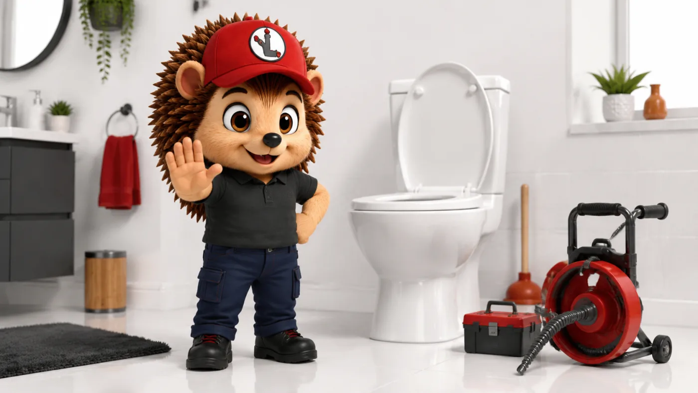 Le hérisson mascotte en tenue de travail, casquette rouge et polo noir, faisant un signe de la main dans une salle de bain claire, devant des toilettes avec furet et ventouse rouge au sol