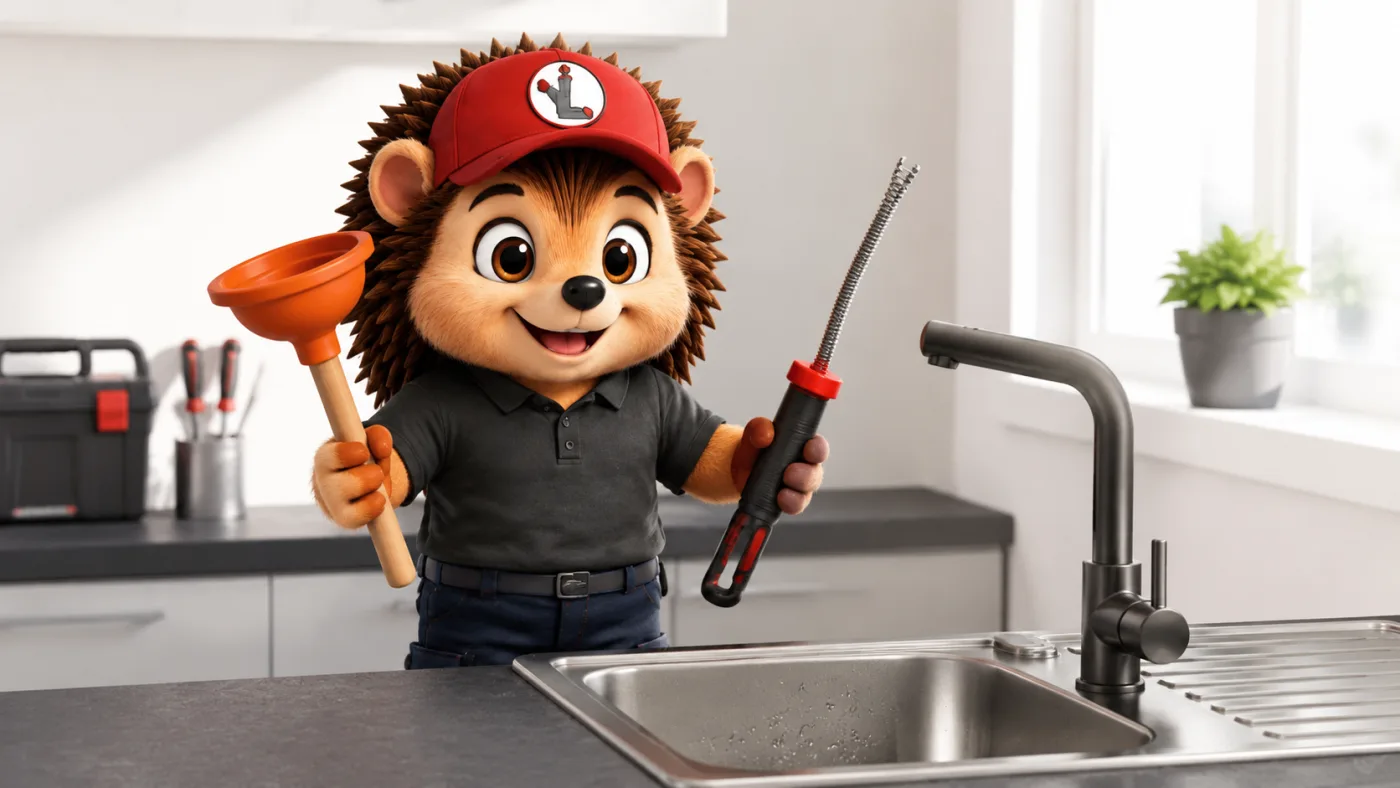 Le hérisson mascotte en tenue de travail, casquette rouge et polo noir, tenant une ventouse orange et un furet rouge et noir devant un évier de cuisine claire et lumineuse