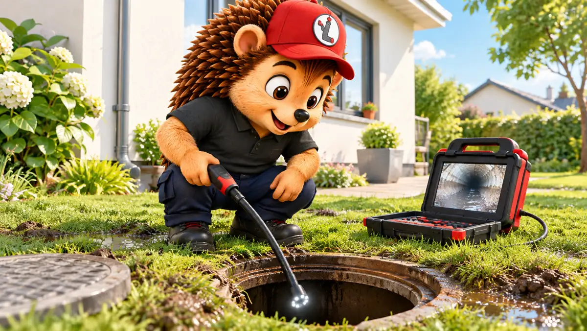 Le hérisson mascotte en tenue de travail, casquette rouge et polo noir, accroupi près d'un regard d'égout ouvert dans un jardin lumineux, insérant une caméra d'inspection sur perche dans une canalisation de drainage, avec une mallette de contrôle à écran posée à côté, décor extérieur clair, style 3D cartoon premium