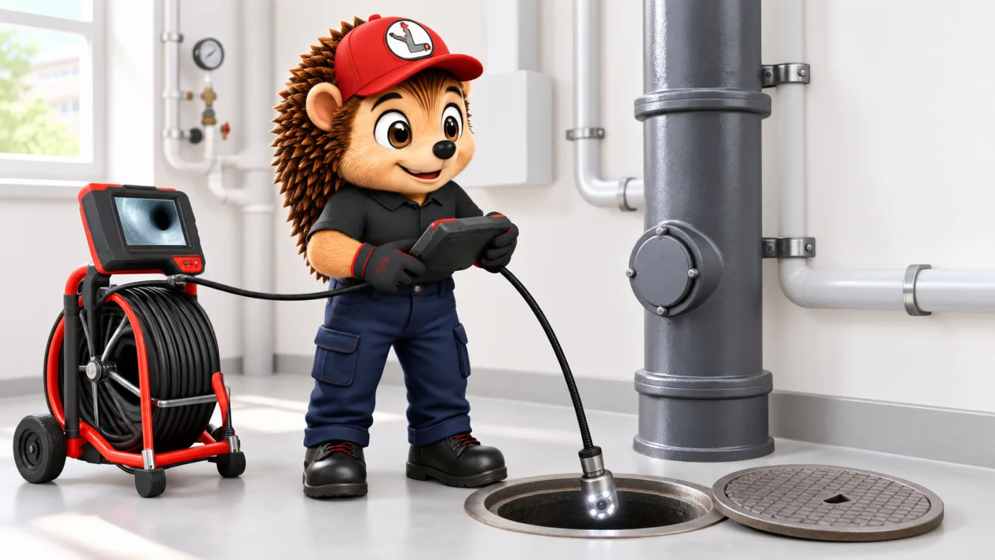 Le hérisson mascotte en tenue de travail, casquette rouge et polo noir, dans un local technique clair d'immeuble, tenant une caméra d'inspection devant un regard de visite de colonne de chute, tuyaux verticaux propres autour de lui, style 3D cartoon premium, palette anthracite et rouge