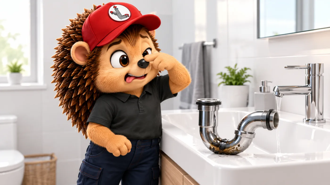 Le hérisson mascotte en tenue de travail, casquette rouge et polo noir, se pinçant le nez avec dégoût devant un siphon sale démonté sur un lavabo blanc, salle de bain claire et lumineuse, style 3D cartoon premium
