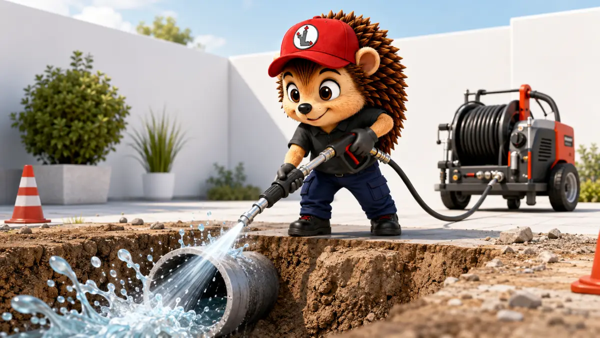 Le hérisson mascotte en tenue de travail, casquette rouge et polo noir, tenant une lance haute pression devant une canalisation souterraine ouverte, jet d'eau stylisé, chantier clair et lumineux