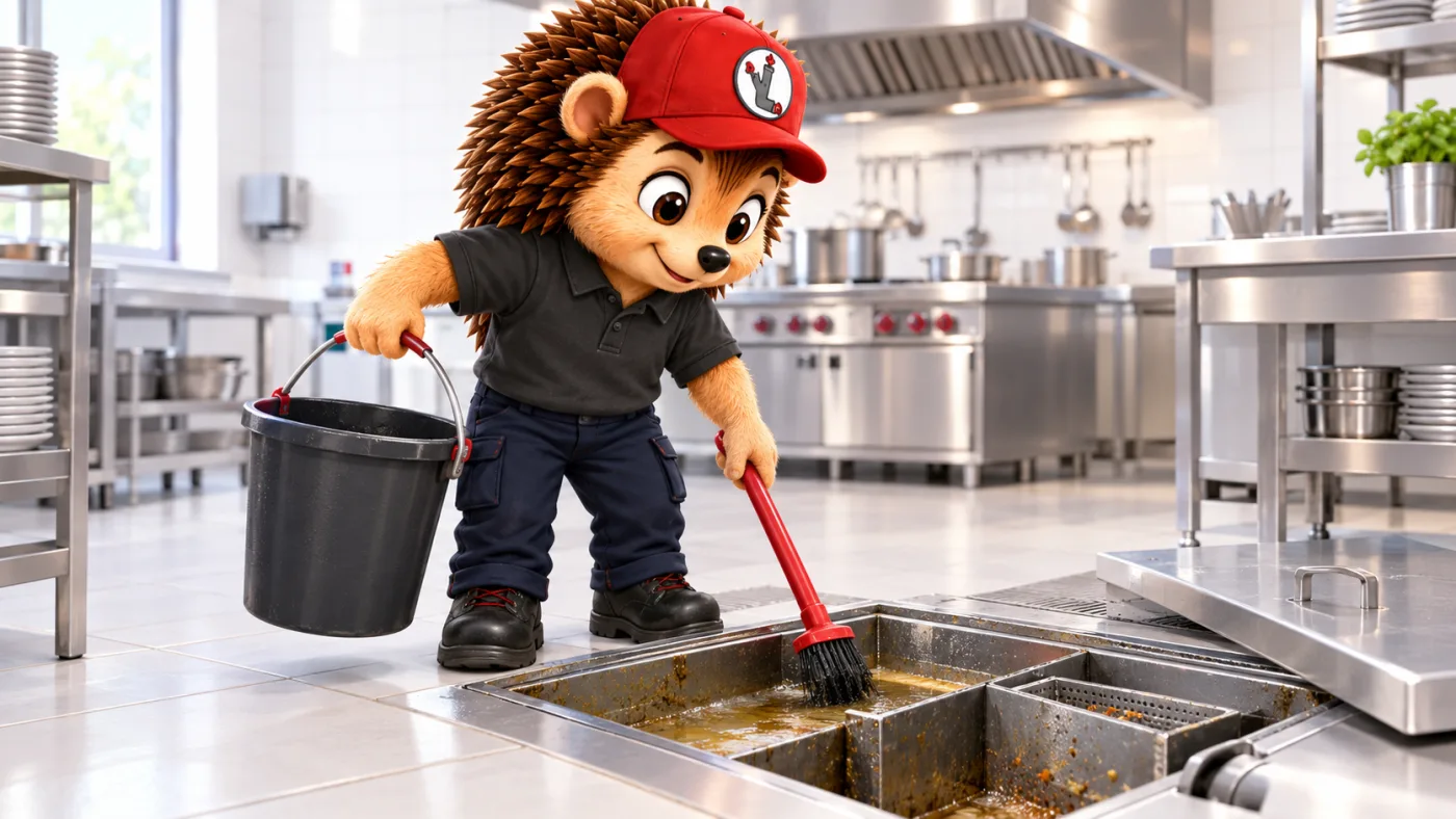 Le hérisson mascotte en tenue de travail, casquette rouge et polo noir, nettoyant un séparateur à graisses encastré au sol avec une brosse et un seau, dans une cuisine professionnelle de restaurant claire et lumineuse, style 3D cartoon premium