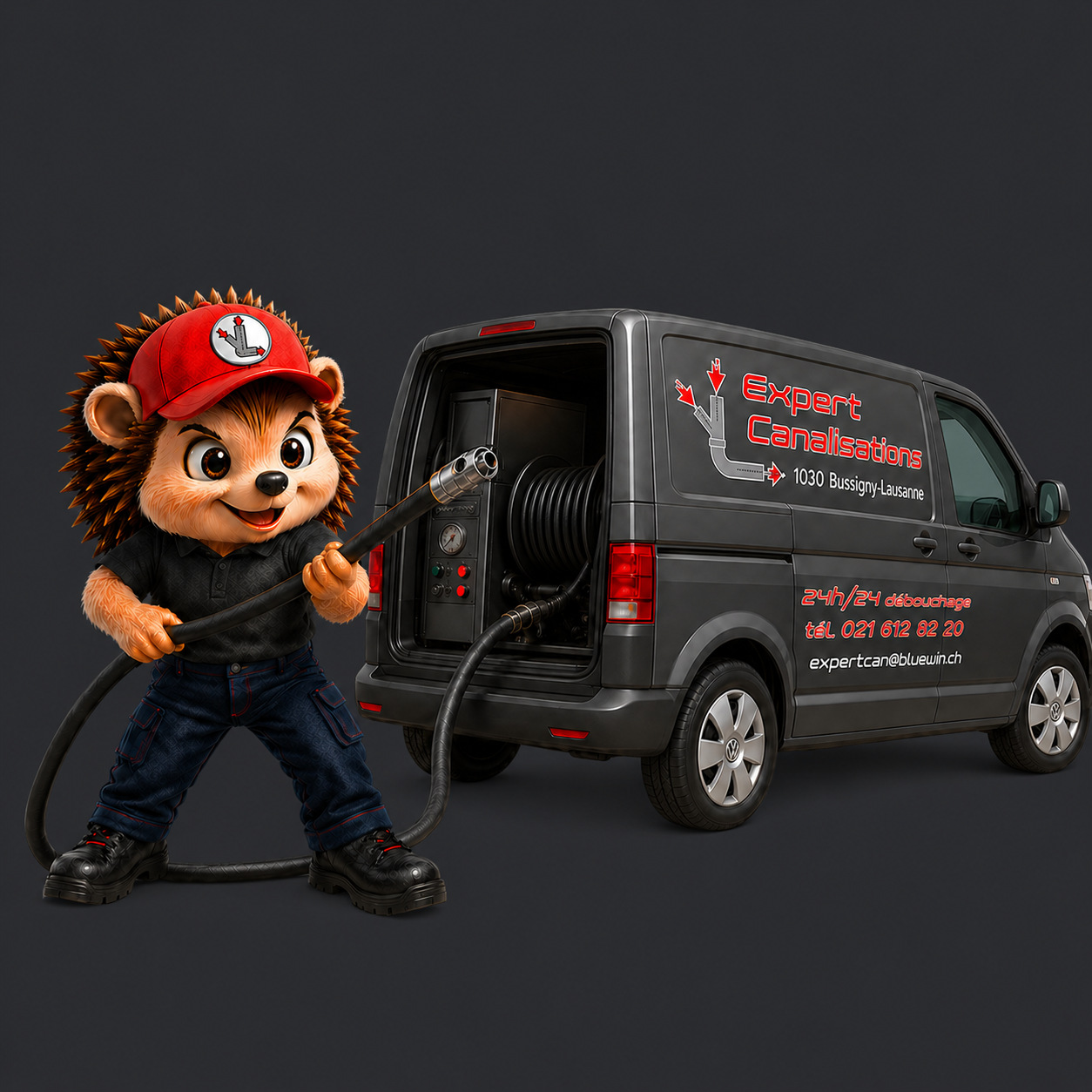 Mascotte Expert Canalisations devant le van d'intervention